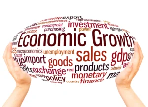 Countries with Strong Economic Growth represented through a word cloud of terms like GDP, investment, trade, finance, and economic policy.