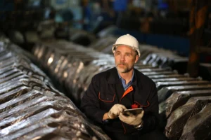 Silver mining worker inspecting refined silver bars at a modern global refinery, symbolizing industrial production and sustainability in 2026.